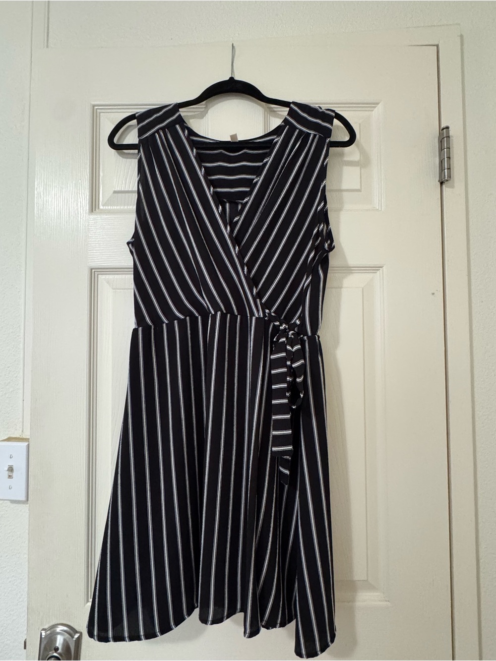 Monteau Black and White Striped Sleeveless Wrap Dress